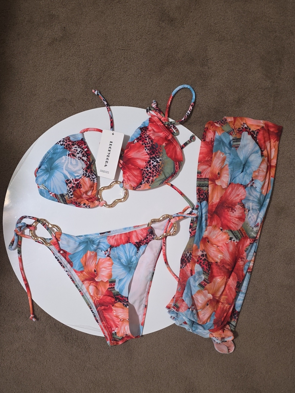 Floral Ring-Accent Bikini Set with Matching Sarong - Blue & Coral